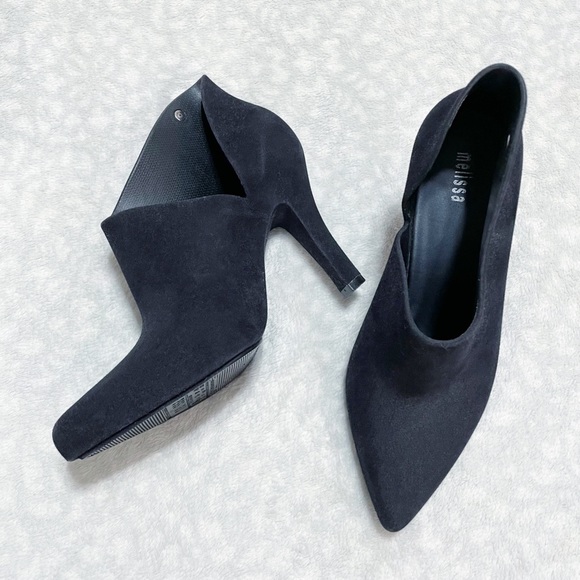 Melissa Black Bootie Drama Flocked Velvet Pointed Toe Heel Ankle Boot Fuzzy - Picture 8 of 12